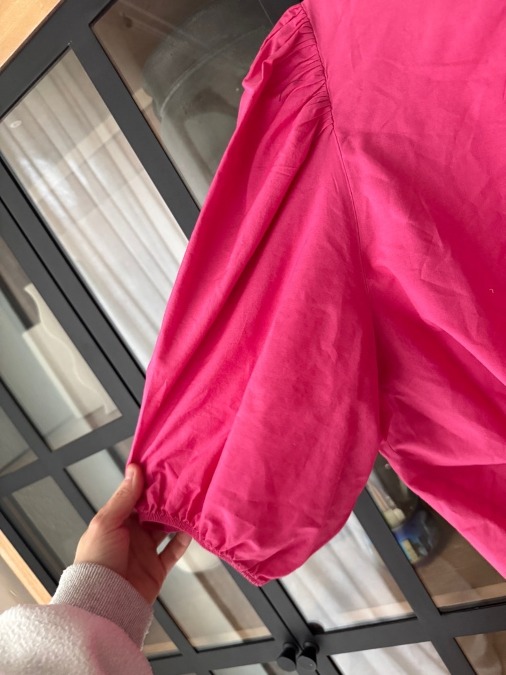 H&M blouse bows puff short sleeve cotton poplin tie back hot pink top flowy - Picture 8 of 8